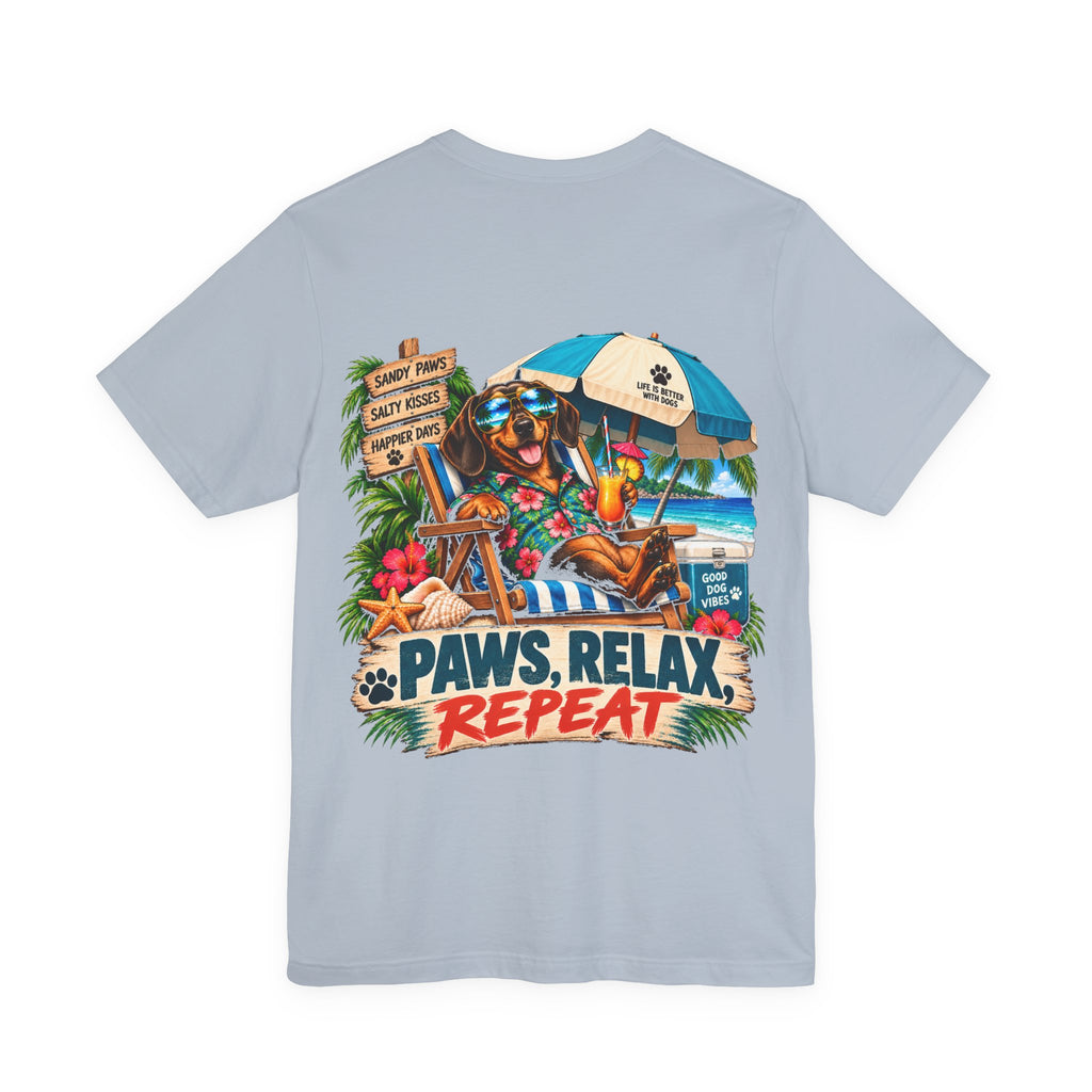 Paws, Relax, Repeat Dachshund T-Shirt – Beach Dachshund Graphic Tee – Coastal Dog Lover Shirt – Offshore Hound