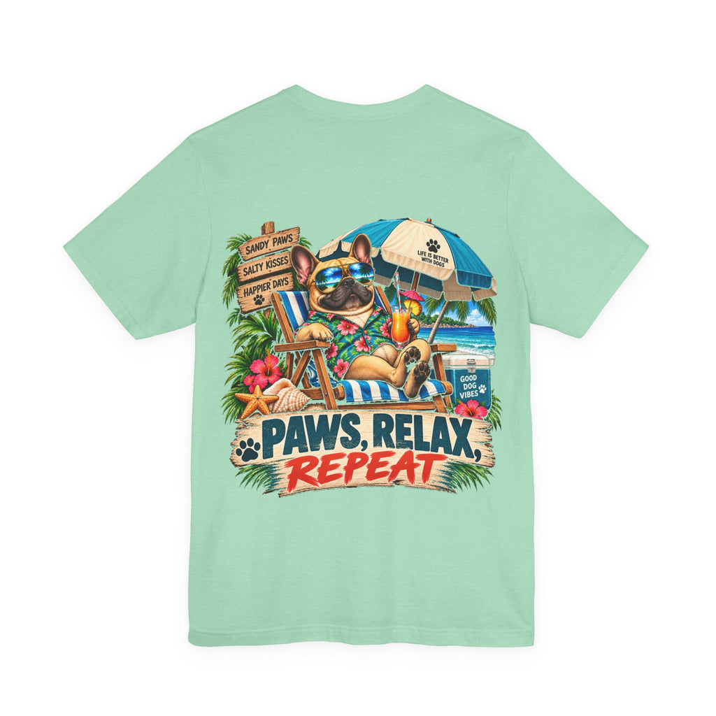 Paws, Relax, Repeat French Bulldog T-Shirt – Beach Frenchie Graphic Tee – Coastal Dog Lover Shirt – Offshore Hound
