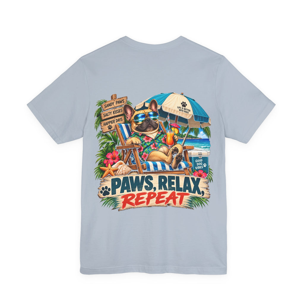 Paws, Relax, Repeat French Bulldog T-Shirt – Beach Frenchie Graphic Tee – Coastal Dog Lover Shirt – Offshore Hound