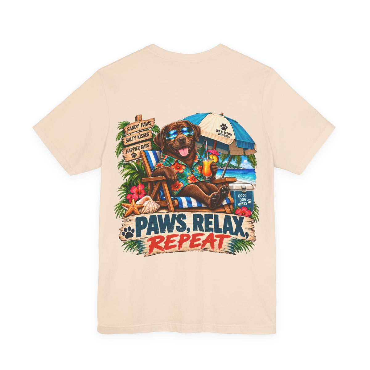 Paws, Relax, Repeat Chocolate Labrador Retriever T-Shirt – Beach Chocolate Lab Graphic Tee – Coastal Dog Lover Shirt – Offshore Hound