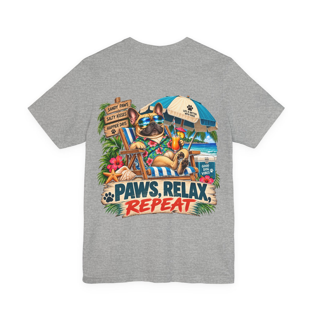 Paws, Relax, Repeat French Bulldog T-Shirt – Beach Frenchie Graphic Tee – Coastal Dog Lover Shirt – Offshore Hound