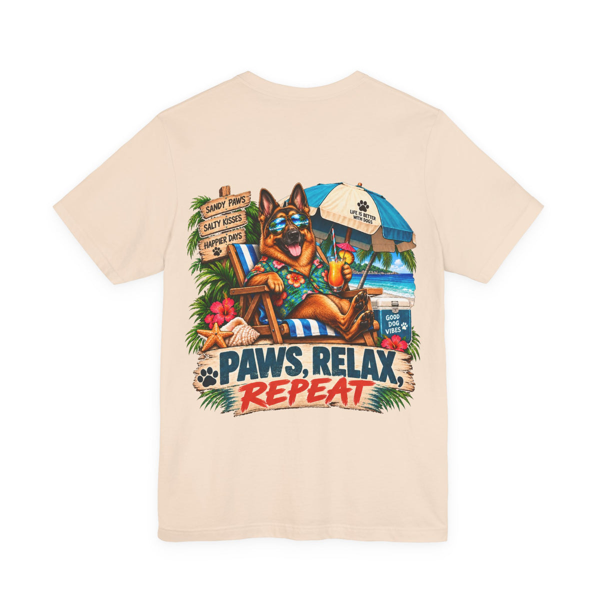 Paws, Relax, Repeat German Shepherd T-Shirt – Beach German Shepherd Graphic Tee – Coastal Dog Lover Shirt – Offshore Hound