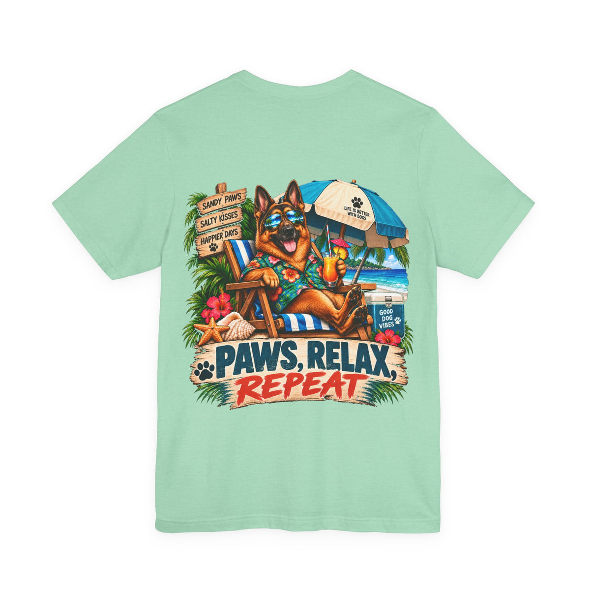 Paws, Relax, Repeat German Shepherd T-Shirt – Beach German Shepherd Graphic Tee – Coastal Dog Lover Shirt – Offshore Hound